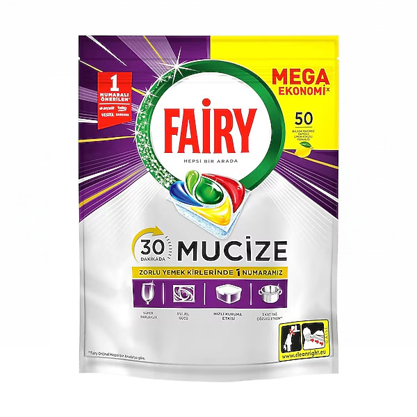 قرص ماشین ظرفشویی فیری مدل MUCIZE (معجزه) با قدرت پاککنندگی ۳۰ دقیقهای و رایحه لیمو تعداد ۵۰ عددی